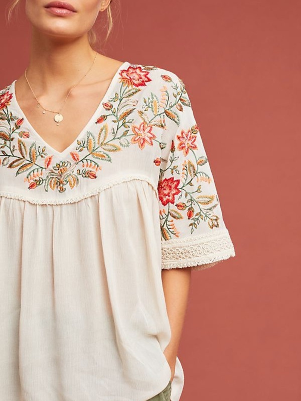 Rana Girl for Anthropologie Embroidered V-Neck Peasant Top in Cream